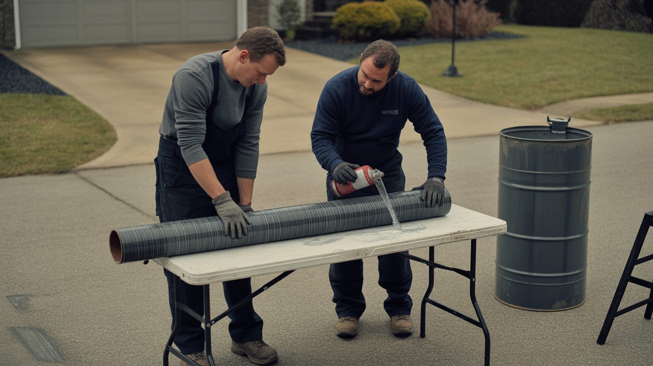 Technicians wetting out a pipe liner for trenchless relining in Adelaide
